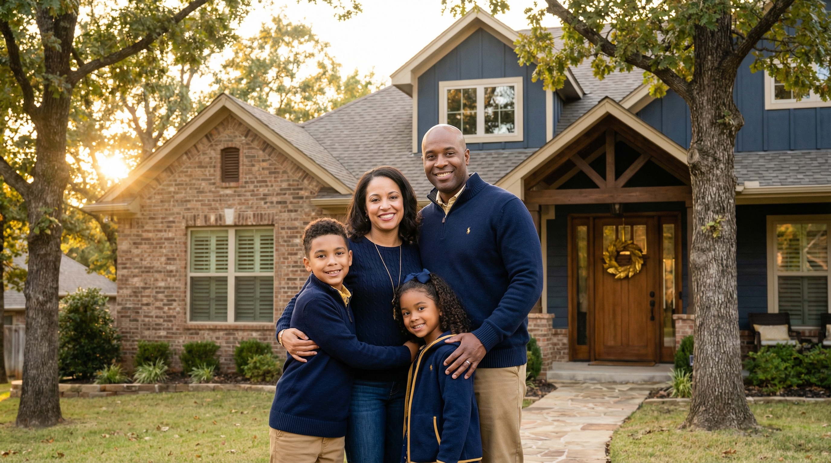 Happy family in front of home